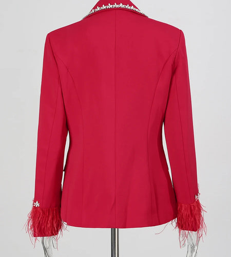 Solid Spliced Bead Lusurious Blazers for Women Lapel Long Sleeves Patchwork Feathers Fashion Blazer Female Clothing