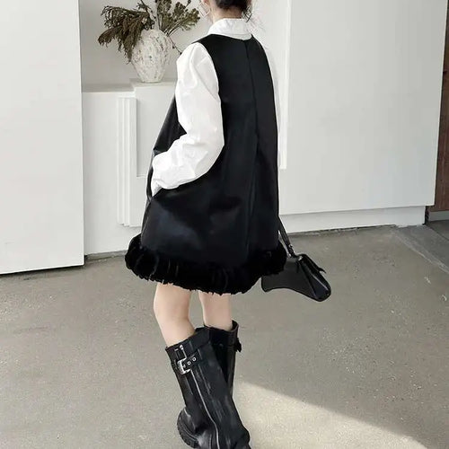 Load image into Gallery viewer, Black Leather Mesh Dress Shirt Two Pieces Suit New Lapel Long Sleeve Women Fashion Tide Spring Autumn 2025 1DH9256
