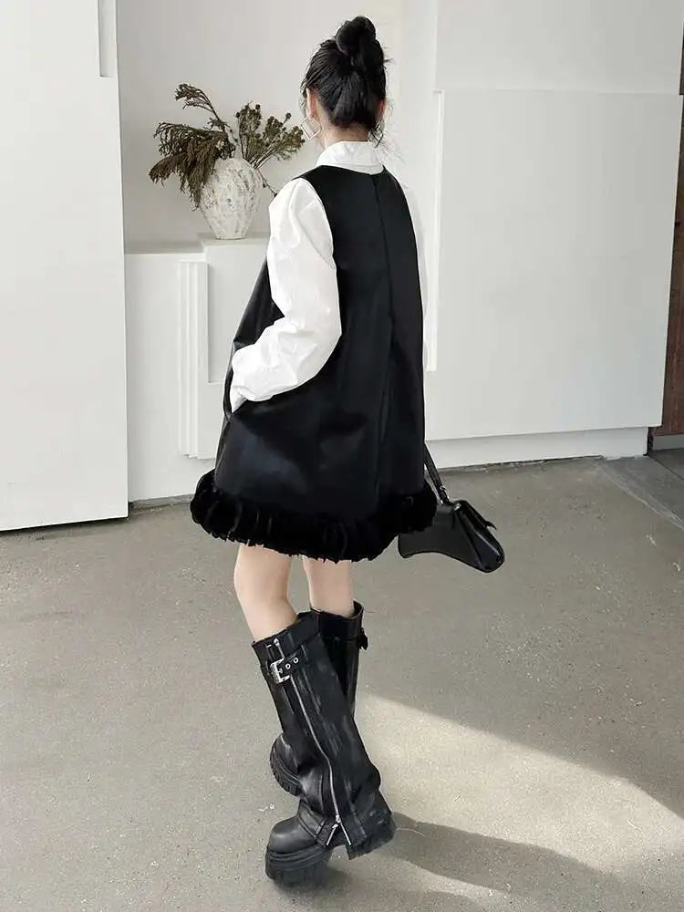 Black Leather Mesh Dress Shirt Two Pieces Suit New Lapel Long Sleeve Women Fashion Tide Spring Autumn 2025 1DH9256