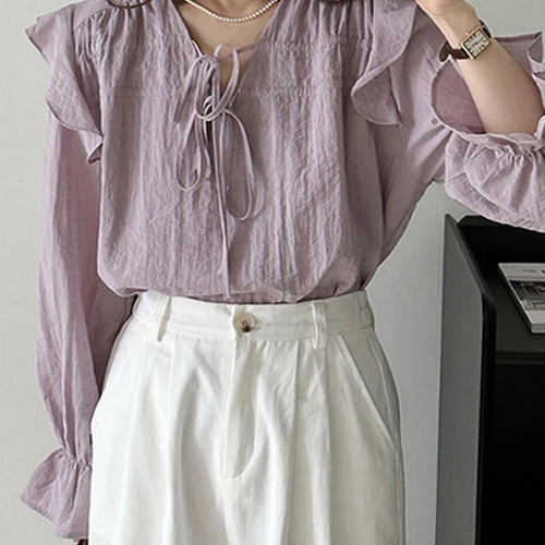 Load image into Gallery viewer, Purple Chiffon Edible Tree Fungus Women&#39;s Blouses Korean Style V-neck Solid Color Flare Sleeve Elegant Summer Chic Blouse
