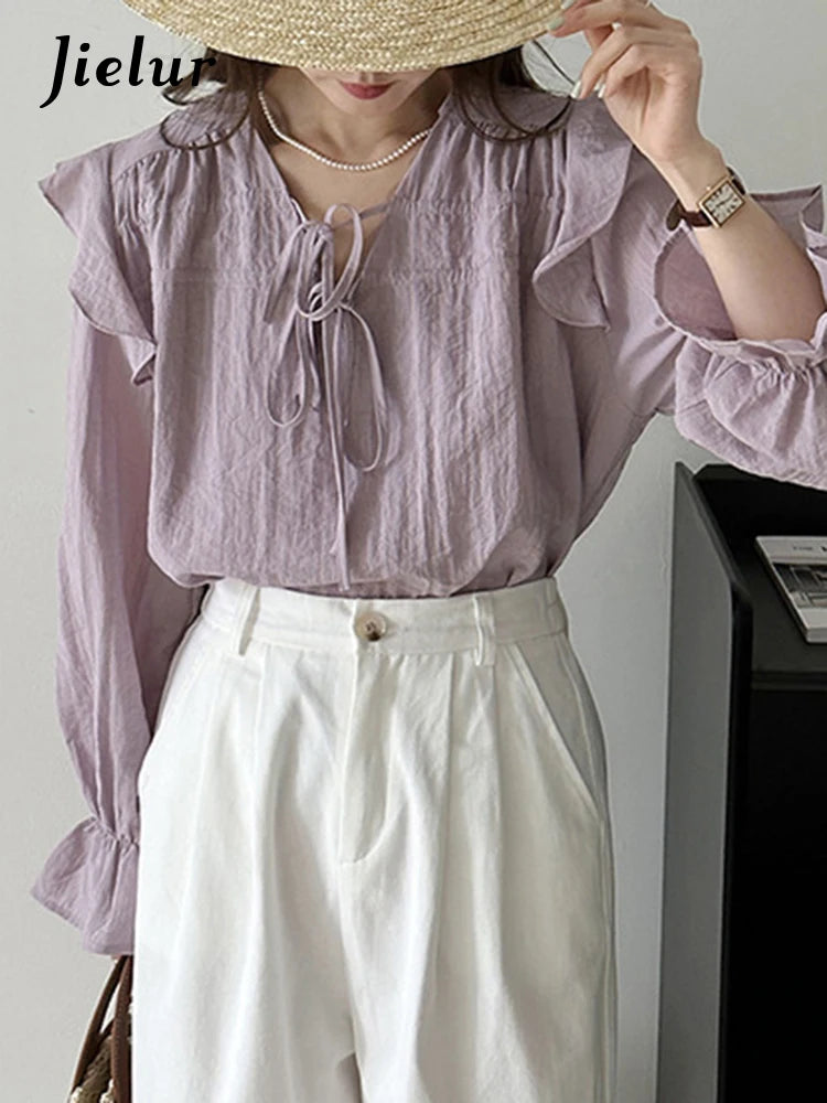 Purple Chiffon Edible Tree Fungus Women's Blouses Korean Style V-neck Solid Color Flare Sleeve Elegant Summer Chic Blouse