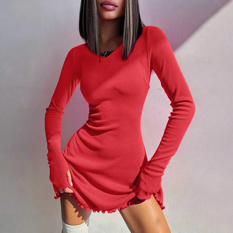 Ribbed Long Sleeve Sexy Mini Dress For Women Autumn Winter New O Neck Bandage Lace-up Fashion Elegant Dress Vestidos