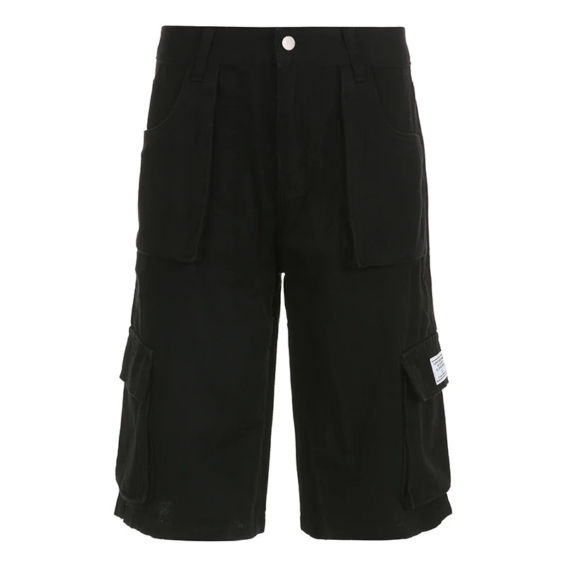 Streetwear Black Multi Pockets Basic Cargo Shorts Women Casual Baggy Summer Shorts Outfits Mid-Pants Straight Capris