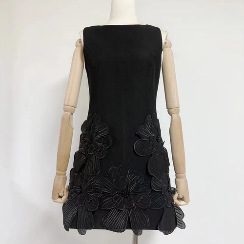 Load image into Gallery viewer, Solid Spliced Appliques Slimming Mini Dresses For Women O Neck Sleeveless High Waist Temperament Dress Female New

