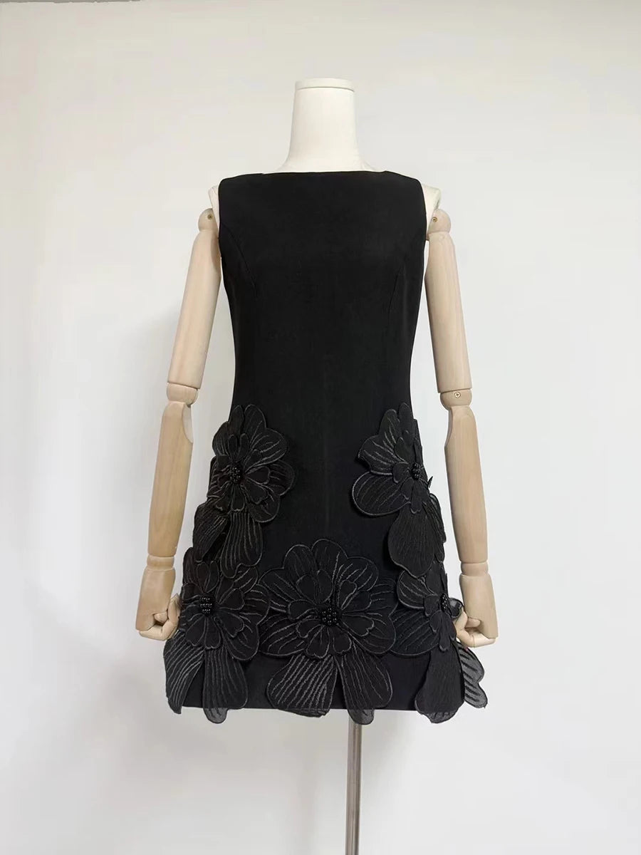 Solid Spliced Appliques Slimming Mini Dresses For Women O Neck Sleeveless High Waist Temperament Dress Female New
