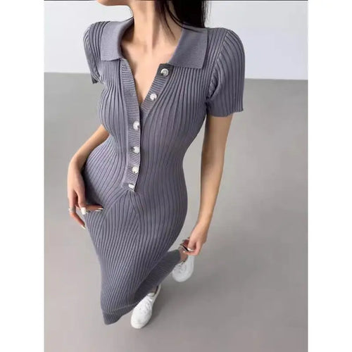 Load image into Gallery viewer, French Fashion Women's Solid Short Sleeved Office Lady Knitted Long Dress Summer Single Breasted Slim Wrap Hip Fishtail Dresses
