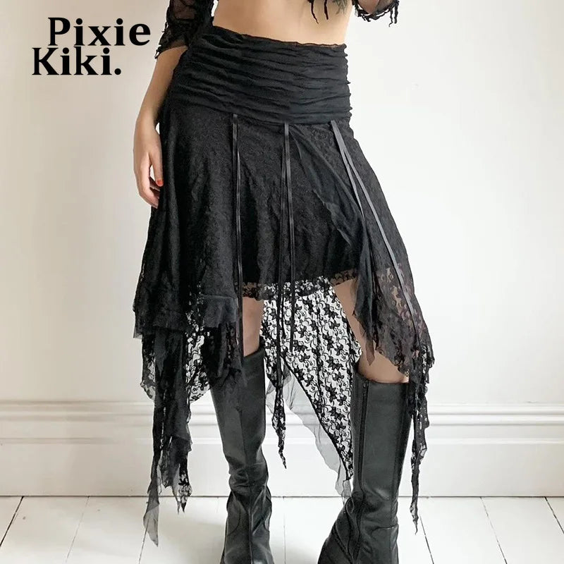 Black Lace Long Skirt Low Rise Trashy Y2k 2000s Asymmetrical Skirts Summer 2024 Women Bottoms P67-EZ20