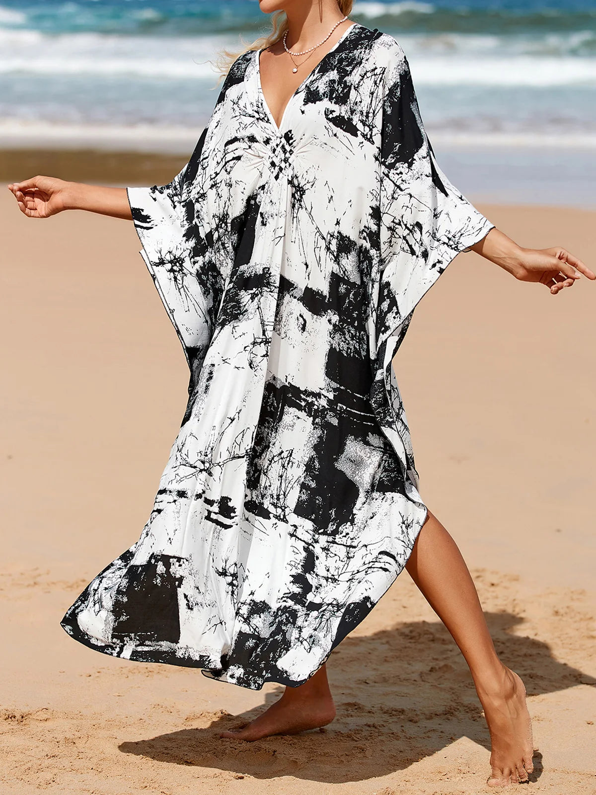 Sexy Zebra Printed V Neck Tunic Beach Cover Up Cover-ups Beach Dress Beach Wear Beachwear Beach Long Dress Female Women V4159