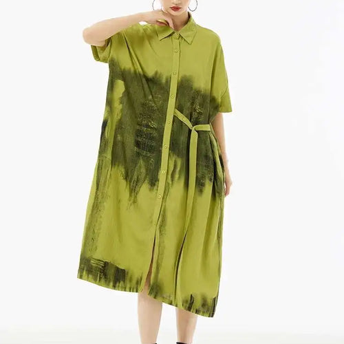 Load image into Gallery viewer, Women Green Pattern Printed Belted Big Size Shirt Dress New Lapel Short Sleeve Fashion Tide Spring Summer 2025  1DH5759
