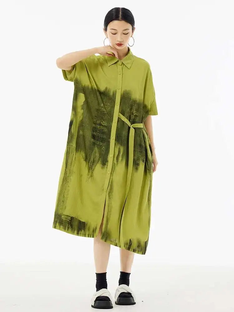 Women Green Pattern Printed Belted Big Size Shirt Dress New Lapel Short Sleeve Fashion Tide Spring Summer 2025  1DH5759