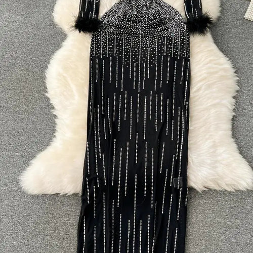 Load image into Gallery viewer, Women Luxury Black Slim  Round Neck Diamond Long Sleeve Mesh Dress Autumn Elegant Evening Party Carpet Show Stage Costume Dress
