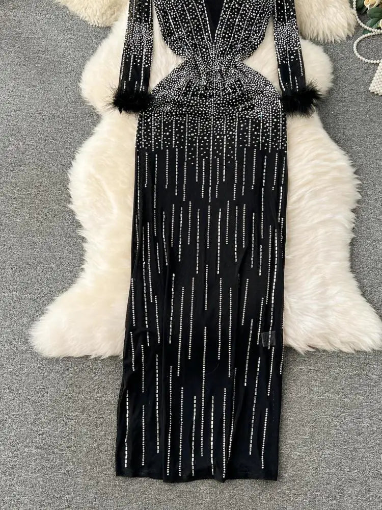 Women Luxury Black Slim  Round Neck Diamond Long Sleeve Mesh Dress Autumn Elegant Evening Party Carpet Show Stage Costume Dress