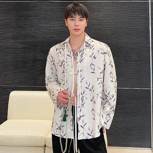 Load image into Gallery viewer, Male Shirts Ink Painting Lace-up Jacquard New Chinese Style Lapel Contrast Color Men&#39;s Long Sleeve Shirt 2025 Spring 9C4982
