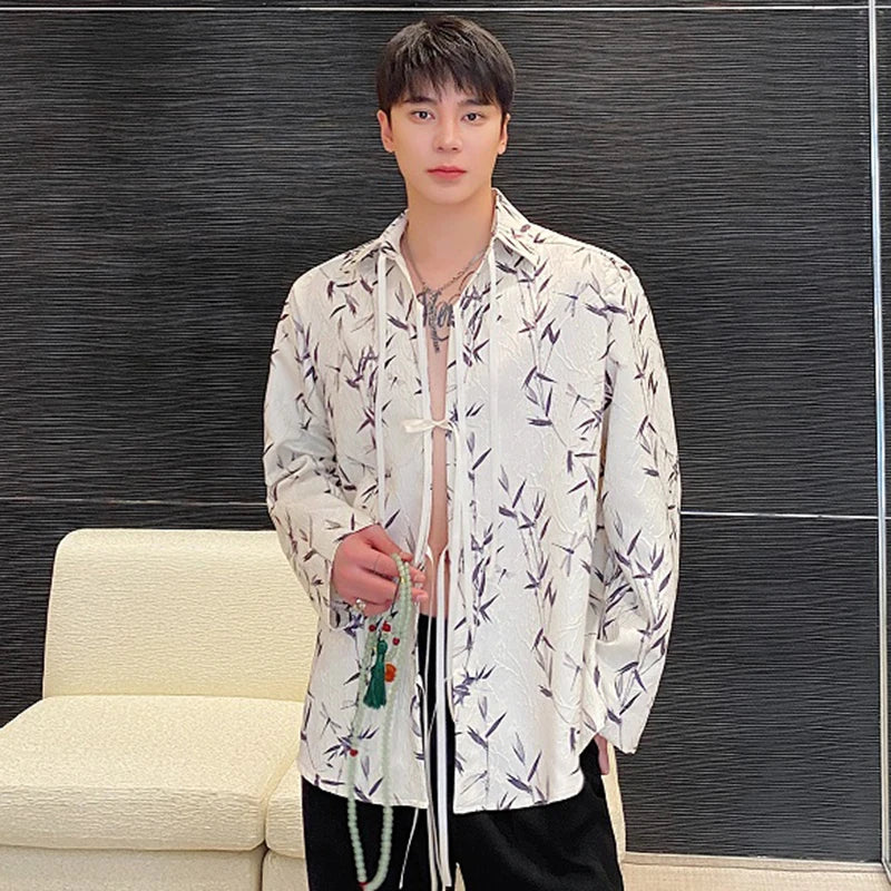 Male Shirts Ink Painting Lace-up Jacquard New Chinese Style Lapel Contrast Color Men's Long Sleeve Shirt 2025 Spring 9C4982