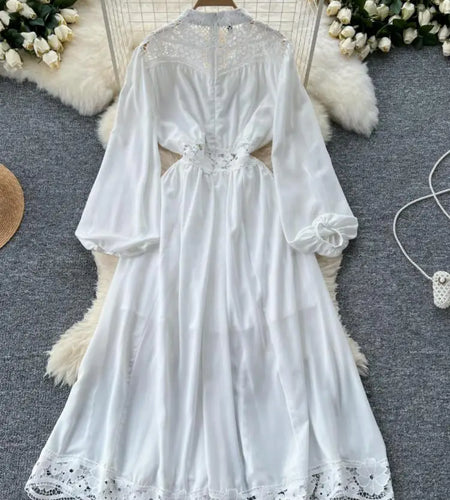 Vintage Women White Patchwork Lace Elegant High Waist Dresses Autumn Round Neck Long Sleeve Single Breasted Evening Party Dress