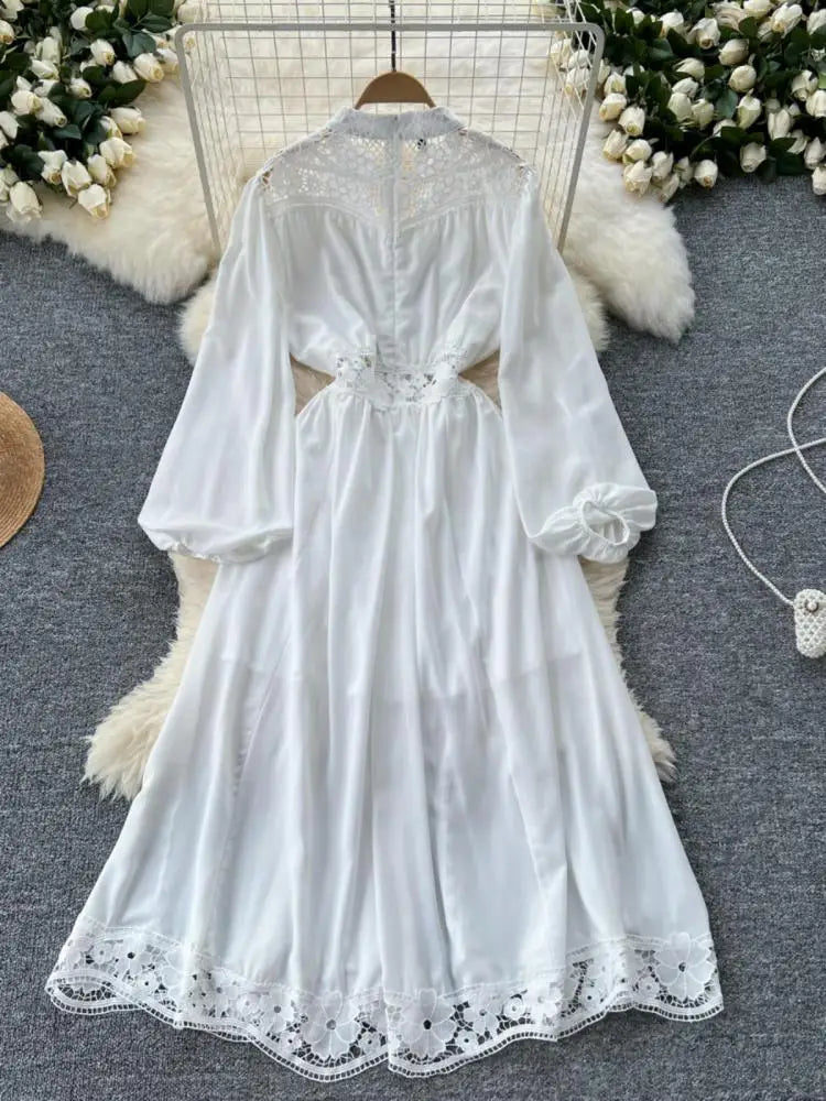 Vintage Women White Patchwork Lace Elegant High Waist Dresses Autumn Round Neck Long Sleeve Single Breasted Evening Party Dress