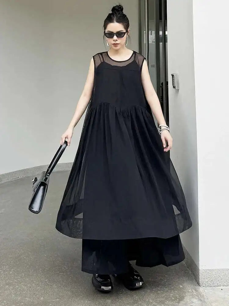Women Black Mesh Perspective Pleated Big Size Elegant Dress New Round Neck Sleeveless Fashion Spring Summer 2025  1DH5841