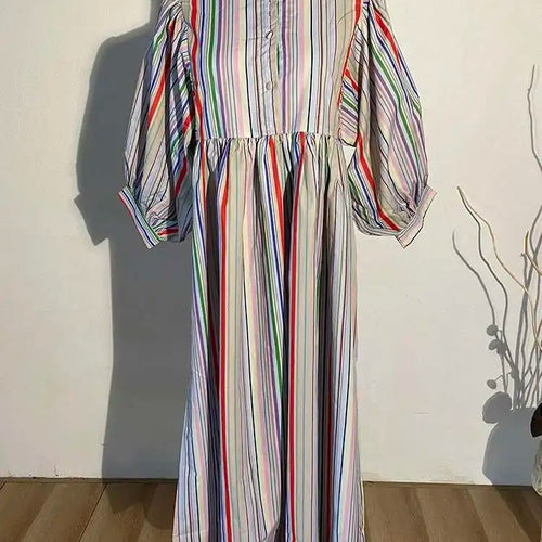 Load image into Gallery viewer, Women Striped Spliced Long Shirt Dress New Stand Collar Three-quarter Sleeve Loose Fit Fashion Spring Autumn 2025 1DE0219

