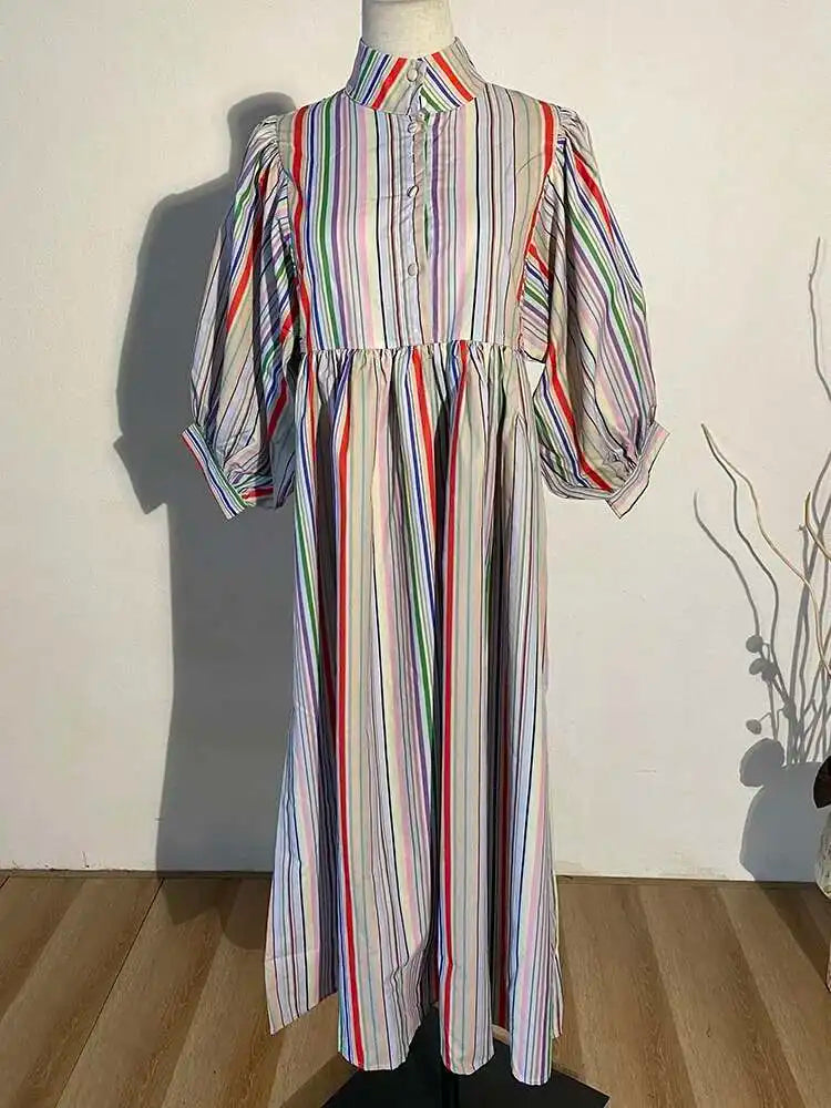 Women Striped Spliced Long Shirt Dress New Stand Collar Three-quarter Sleeve Loose Fit Fashion Spring Autumn 2025 1DE0219