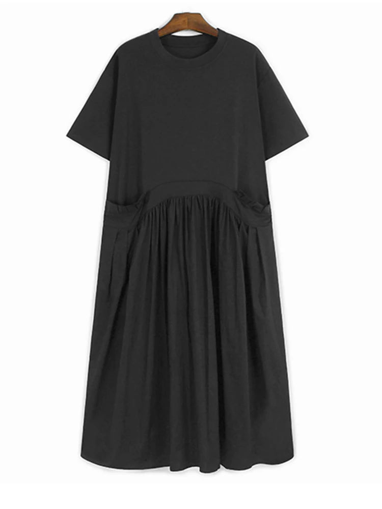 Women Blue Ruffles Spliced Pocket Big Size Midi Dress New Round Neck Short Sleeve Fashion Tide Spring Summer 2025 1DJ1325