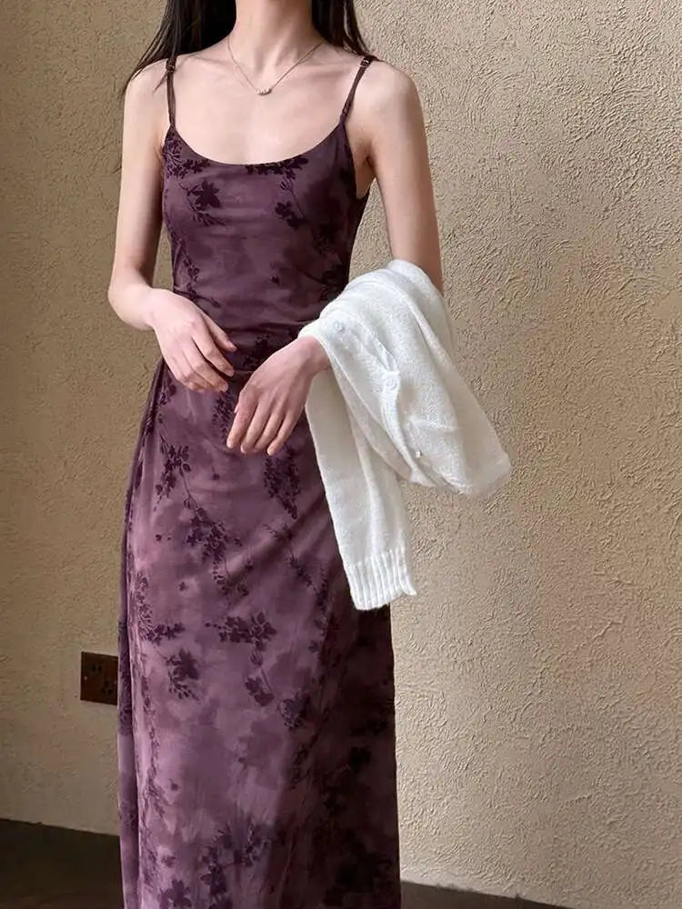 Women Brown Printed Vintage Long Spaghetti Strap Dress New Round Neck Sleeveless Fashion Tide Spring Summer 2025 1DJ0289