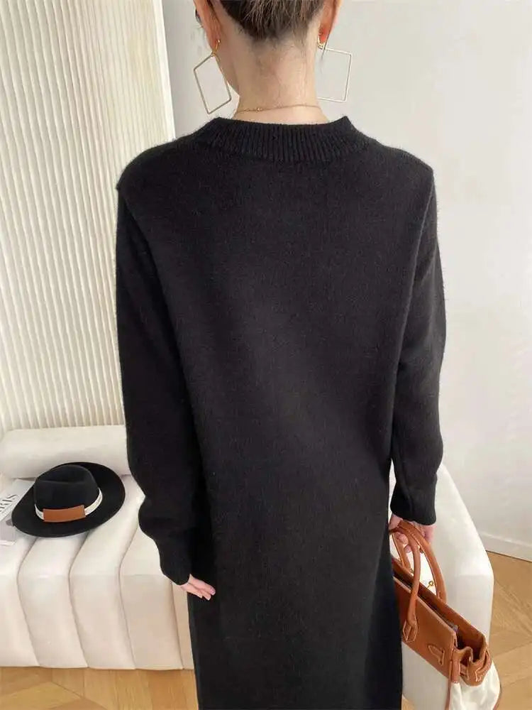 Women Rose Red Casual Midi Elegant Knitting Dress New Round Neck Long Sleeve Fashion Tide Spring Autumn 2025 1DH6450