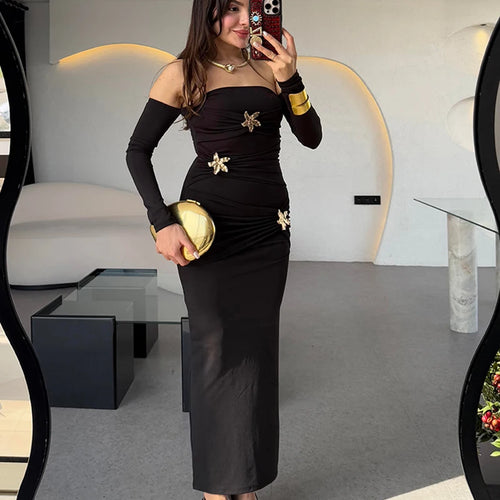 Load image into Gallery viewer, Metal Buckle Strapless Sexy Maxi Dress For Women Off-shoulder Backless Long Sleeve Ruched Bodycon Club Long Dress
