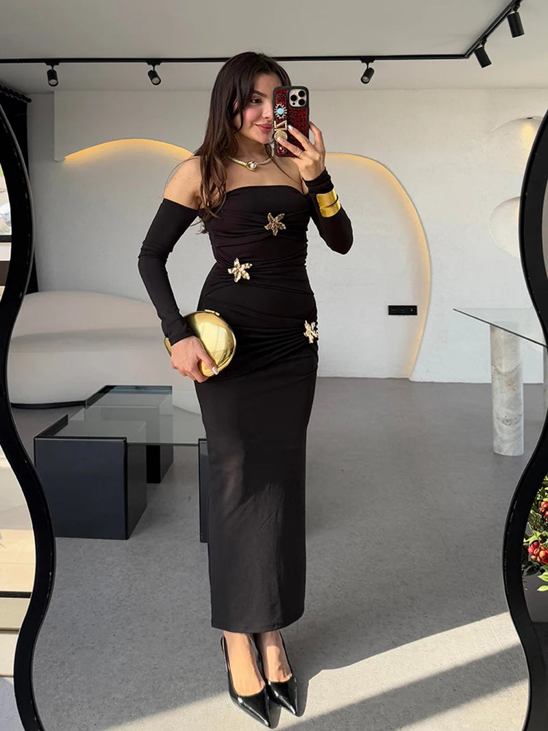 Metal Buckle Strapless Sexy Maxi Dress For Women Off-shoulder Backless Long Sleeve Ruched Bodycon Club Long Dress