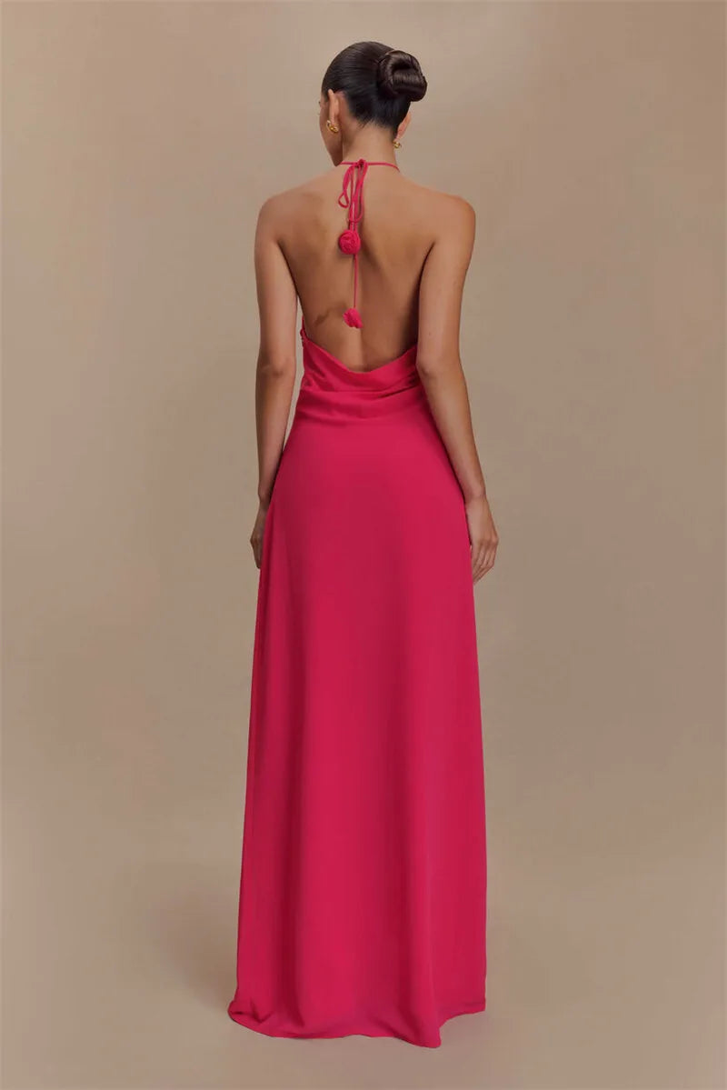 Rose Halter Off-shoulder Sexy Maxi Dress Women Rose Red Sleeveless Backless Lace-up High Waist Club Party Long Dress