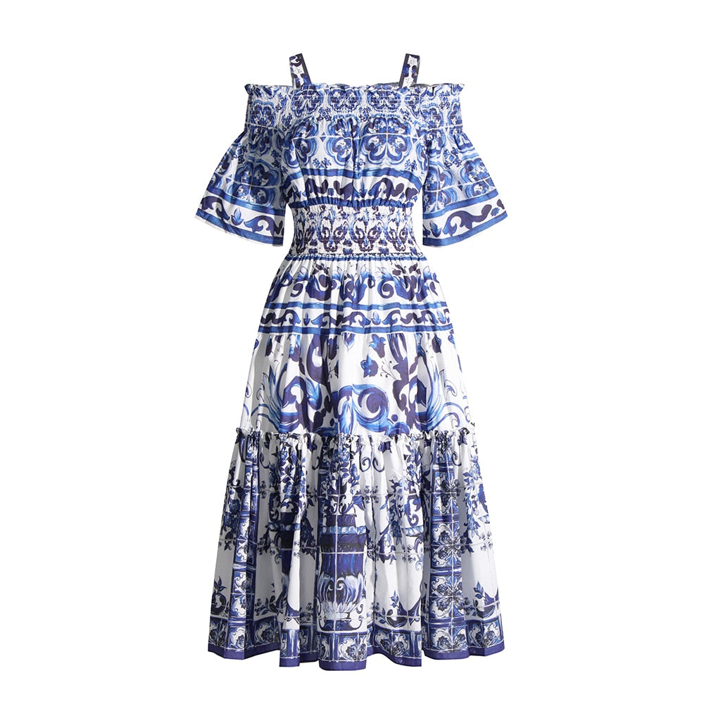 Sexy Print Dress For Women Slash Neck Off Shoulder Short Sleeve Colorblock Midi Dresses Female Summer Clothing