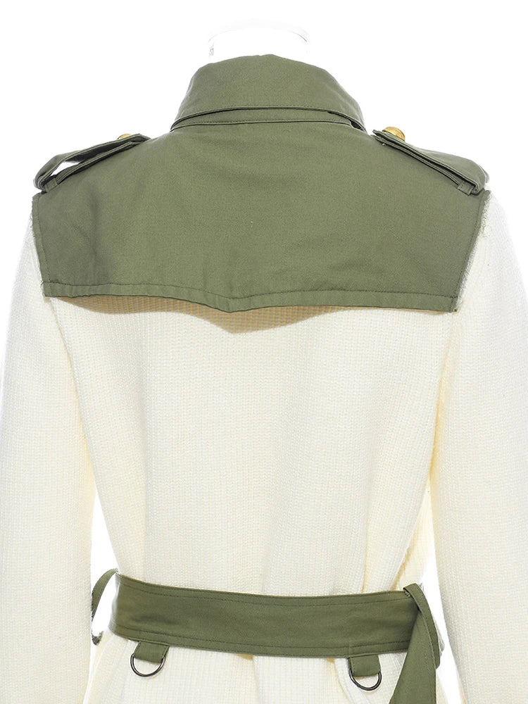 Beige Spliced Belted Knitting Cardigan Sweater Stand Collar Long Sleeve Women New Fashion Tide Spring Autumn 2025 1DH5643