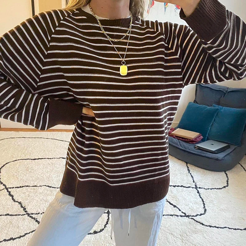 Vintage Loose Striped Women Sweater Harajuku Contrast Collor Knitted Pullover Tops Autumn Winter Y2K Aesthetic Jumper