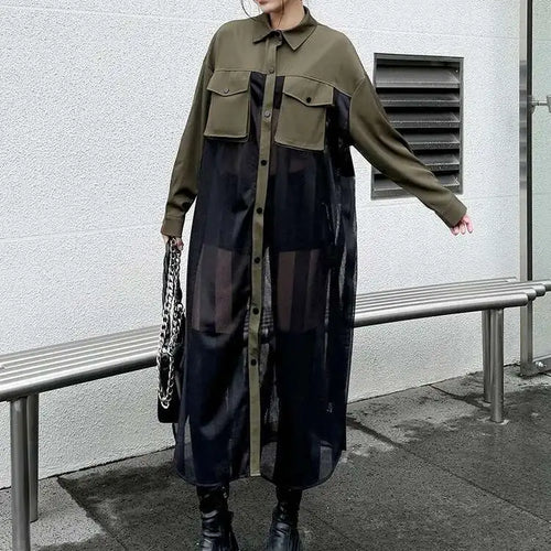 Load image into Gallery viewer, Women Army Green Mesh Color-block Big Size Long Shirt Dress New Lapel Long Sleeve Fashion Tide Spring Autumn 2025 1DH6066
