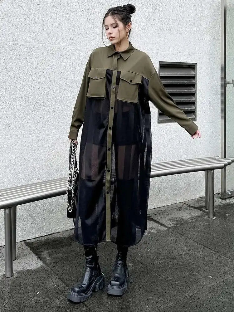 Women Army Green Mesh Color-block Big Size Long Shirt Dress New Lapel Long Sleeve Fashion Tide Spring Autumn 2025 1DH6066
