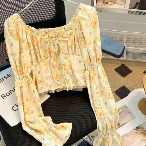 Load image into Gallery viewer, Spring Women Yellow Red Flower Long Sleeve Square Neck Backless Blouse Retro French Ruffle Edge Lace-up Holiday Shirt Short Tops
