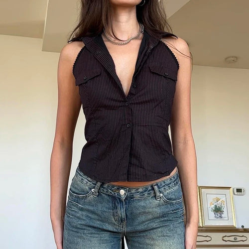 Load image into Gallery viewer, Streetwear Stripe Cargo Style Tank Top Buttons-Up Fashion Chic Summer Vest Sleeveless Summer Shirt Cropped Tops Slim
