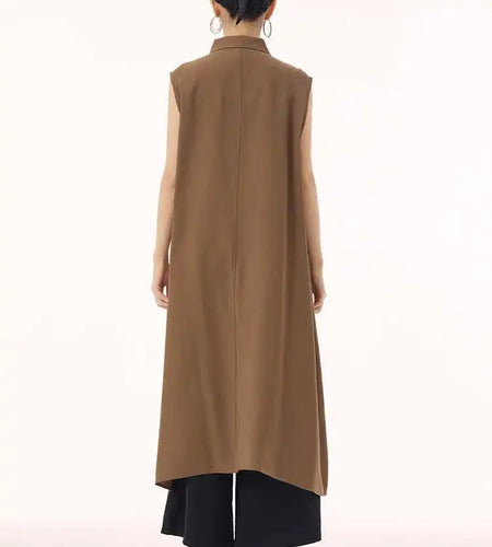 Women Khaki Irregular Spliced Big Size Midi Shirt Dress New Lapel Sleeveless Fashion Tide Spring Summer 2025 1DH9434