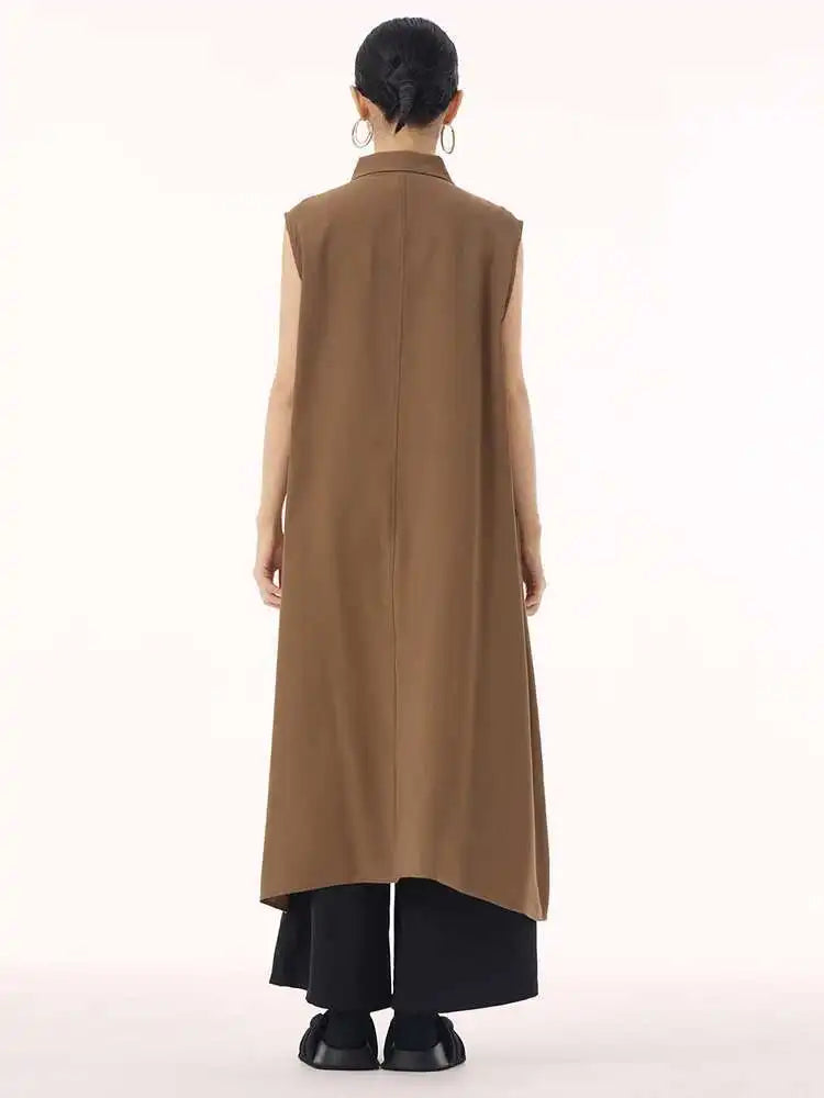 Women Khaki Irregular Spliced Big Size Midi Shirt Dress New Lapel Sleeveless Fashion Tide Spring Summer 2025 1DH9434