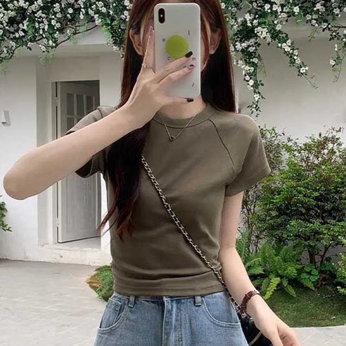 Load image into Gallery viewer, Sexy O Neck Slim T Shirt Women Cotton Elastic Basic Solid Female Casual Korean Tops Short Sleeve Thin T-shirts
