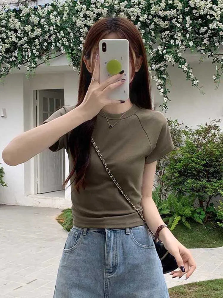 Sexy O Neck Slim T Shirt Women Cotton Elastic Basic Solid Female Casual Korean Tops Short Sleeve Thin T-shirts