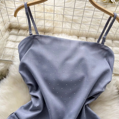 Load image into Gallery viewer, Korean Summer Black Diamond Elegant Party Slip Mini Dress Woman 2024 New Gray Slim A-line Sexy Club Backless Pleated Short Dress
