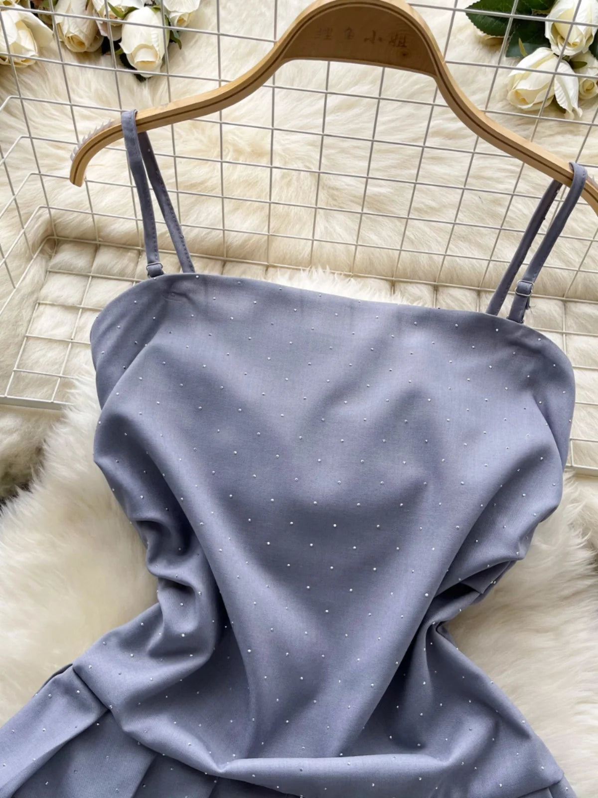 Korean Summer Black Diamond Elegant Party Slip Mini Dress Woman 2024 New Gray Slim A-line Sexy Club Backless Pleated Short Dress