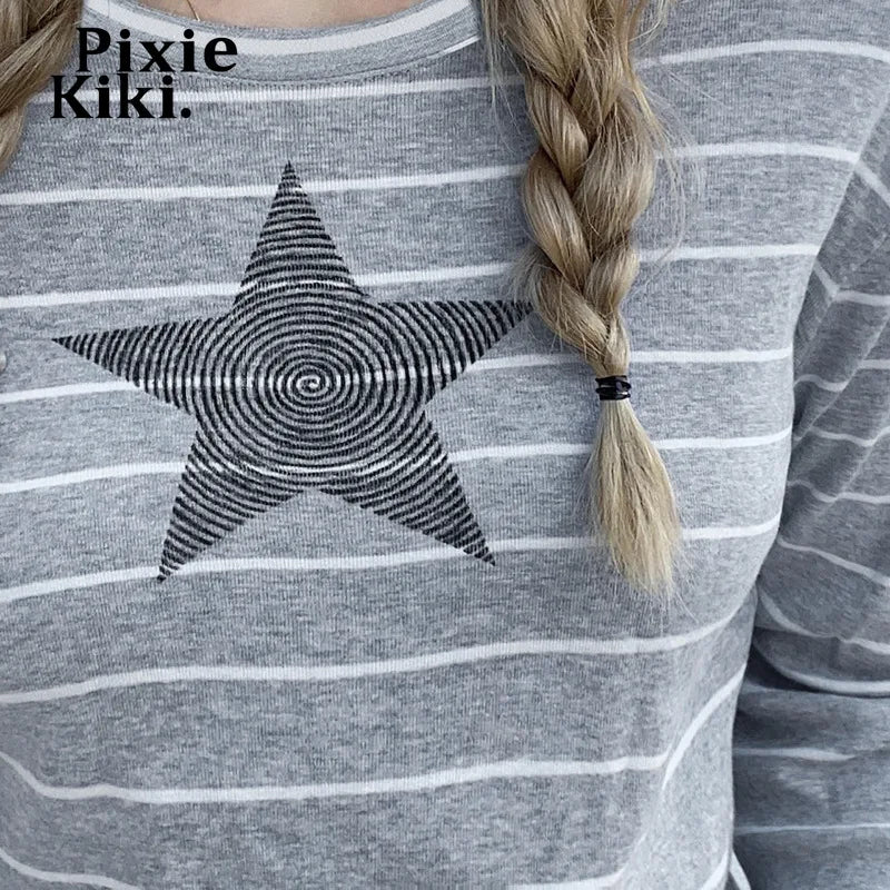 Y2k Star Striped Print Long Sleeve Fitted Tops for Women Casual T Shirts Graphic Tee Grey Autumn 2024 P84-BZ14