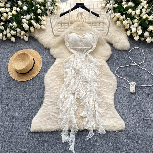 Load image into Gallery viewer, Retro Black White Elegant Ruffles Halter Lace-up Irregular Lace Long Dress Women Summer New Beige Sleeveless Evening Party Dress
