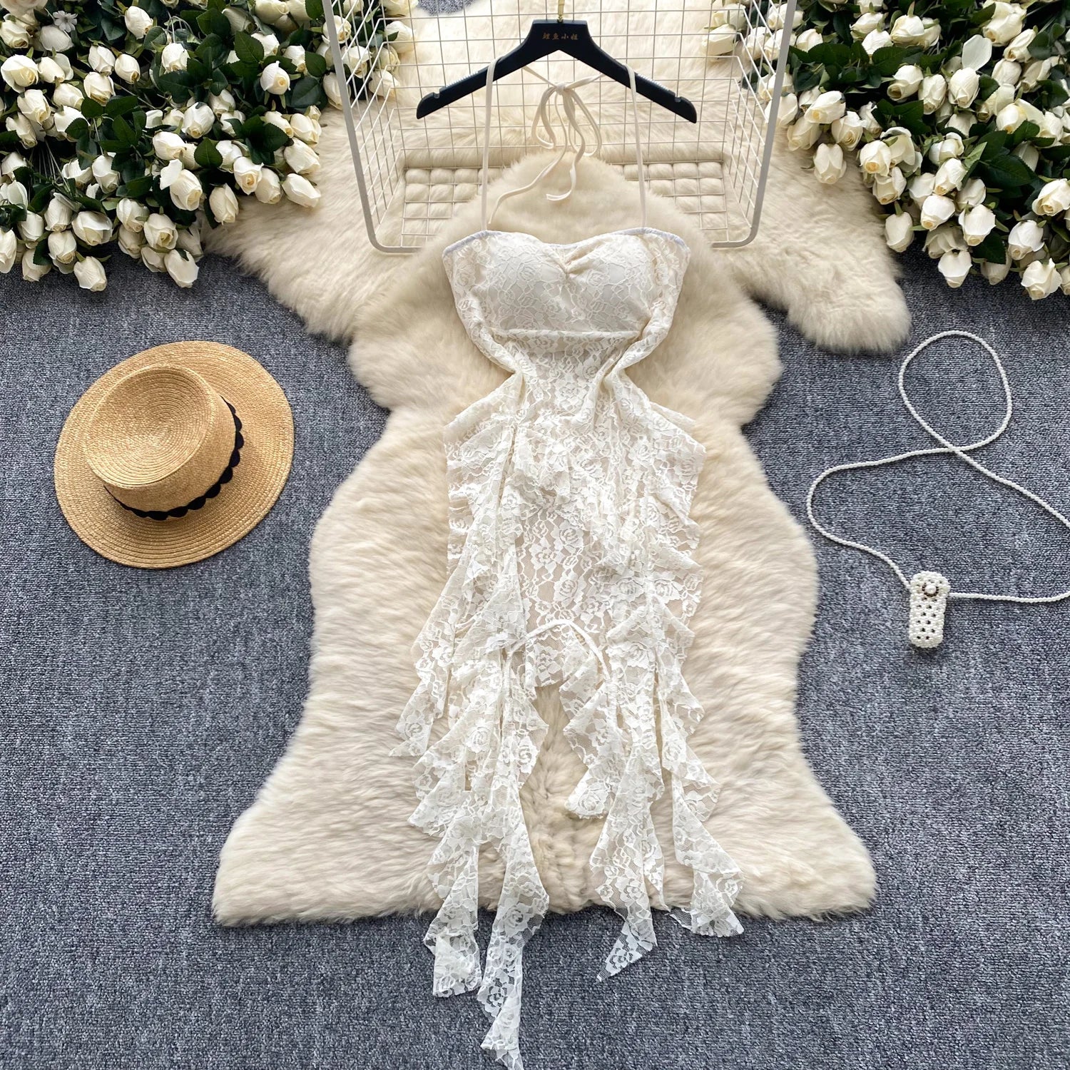 Retro Black White Elegant Ruffles Halter Lace-up Irregular Lace Long Dress Women Summer New Beige Sleeveless Evening Party Dress