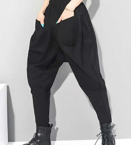 High Elastic Waist Black Wrinkled Long Harem Trousers New Loose Fit Pants Women Fashion Tide Spring Autumn 2025 1DC427