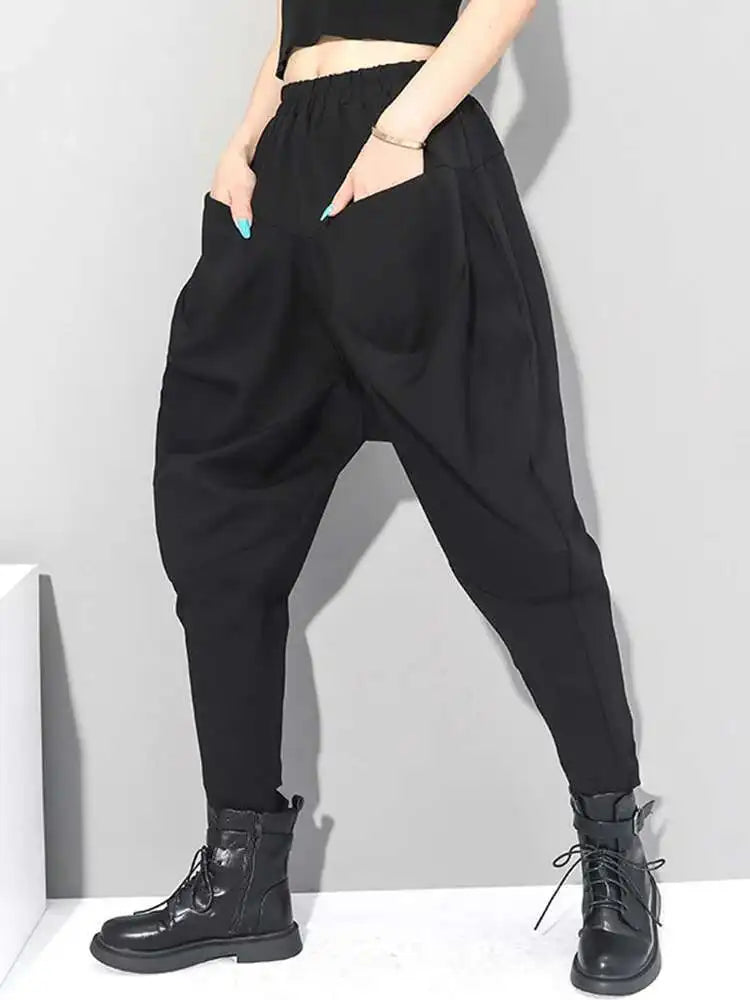 High Elastic Waist Black Wrinkled Long Harem Trousers New Loose Fit Pants Women Fashion Tide Spring Autumn 2025 1DC427