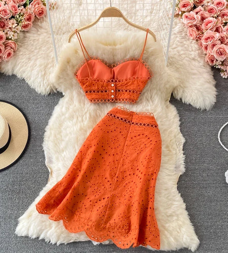 Summer Elegant Casual Fashion Skirts Suit Women Hallow Out Sleeveless Tanks Tops A-Line Two Pieces Set Female Outfits