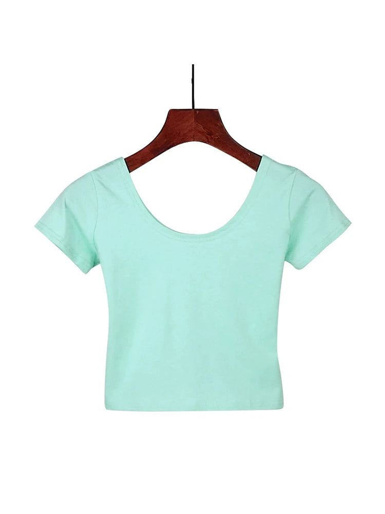 Solid Crop Top for Women Slim Fit High Waist Short Sleeve T-shirt Basic Summer Casual Tee