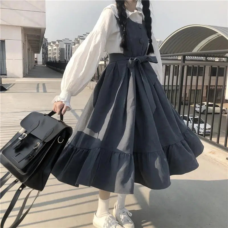 Kawaii Lolita Style Dress Ruffle Japanese Harajuku Cute Oversize Sashes Midi Dress Summer Sundress Sleeveless